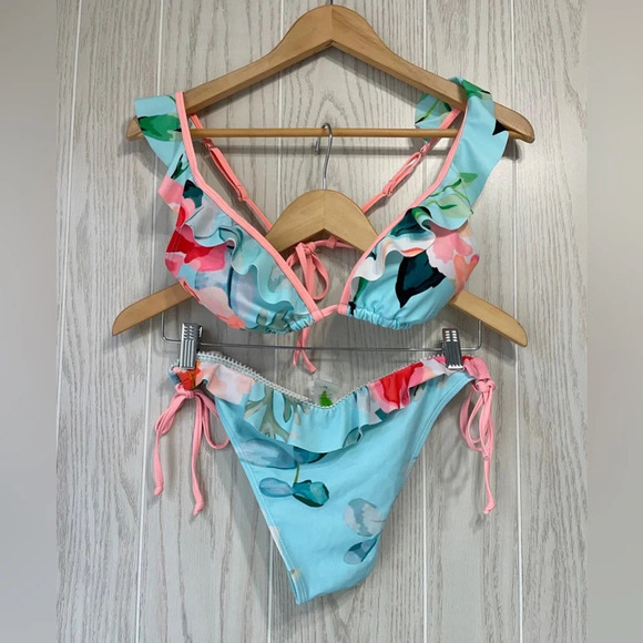 Palms Away Floral Aqua Peach Green Bikini NWOT Top L Bottom M - Picture 1 of 6
